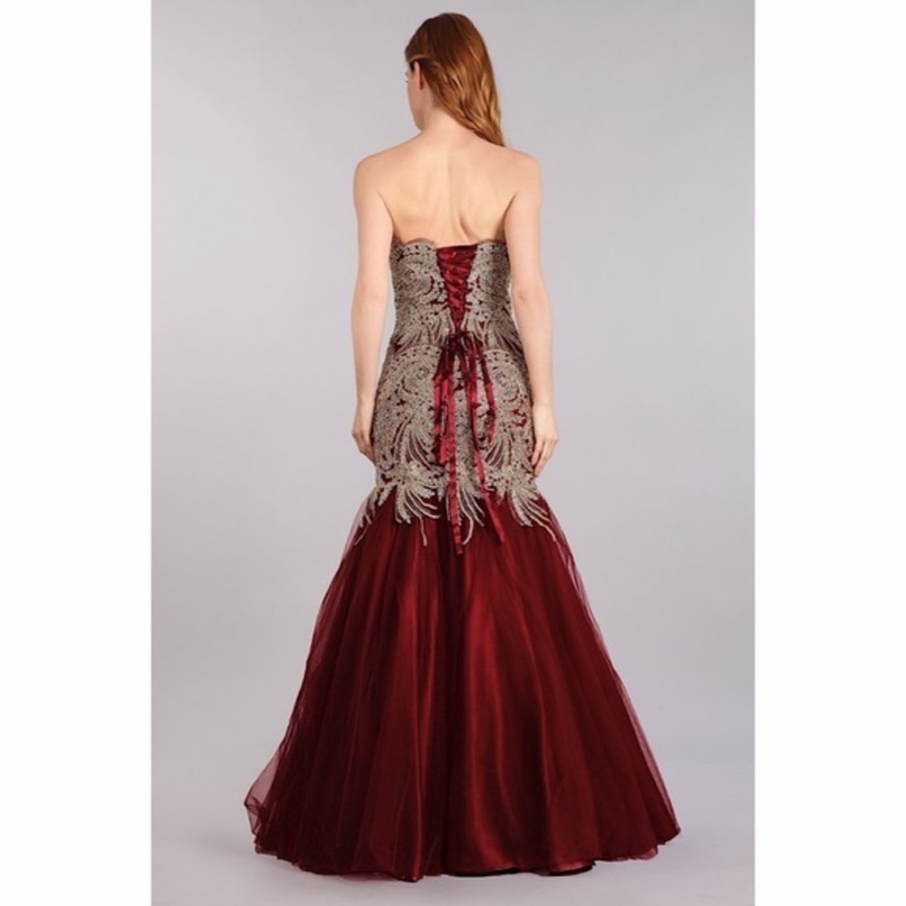 STRAPLESS Burgundy Gold Lace Mermaid Dress 1697 - Picture 2 of 7